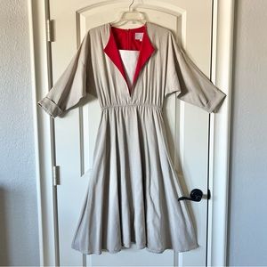 Vintage Tan and Red midi dress with unique collar detail, pockets and full skirt